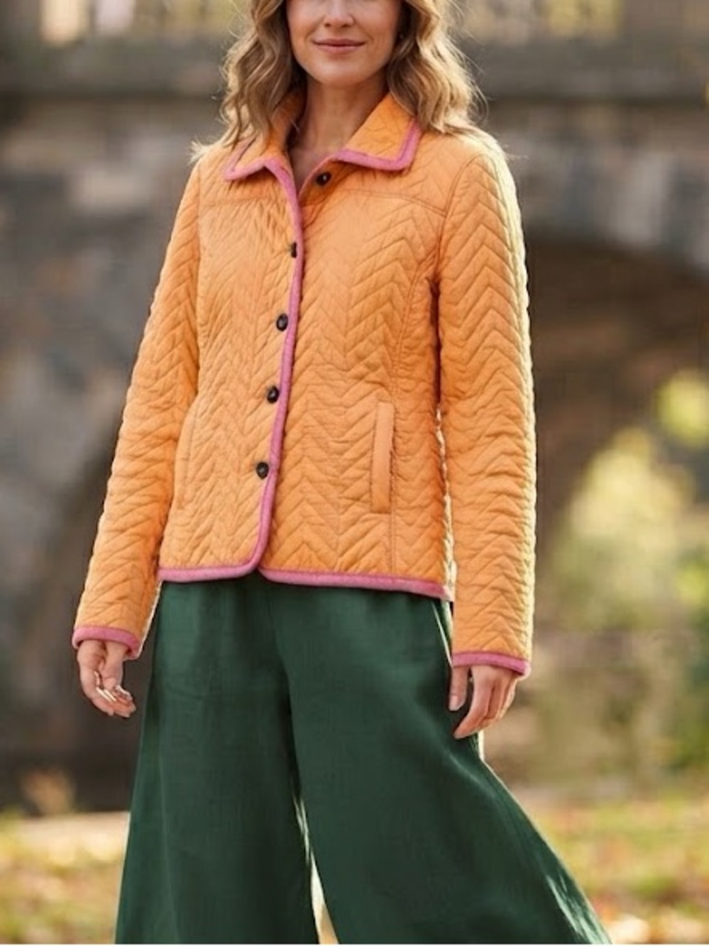 MiFresia 100% Silk Quilted Chevron Jacket Orange M